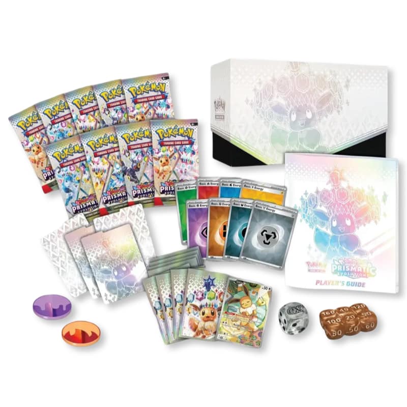 Pokemon Prismatic Evolutions ETB – Flat Lay Inhalt: 9 Booster, Sleeves, Eevee IR Promo, Wuerfel, Muenze, Sammelbox und Player's Guide