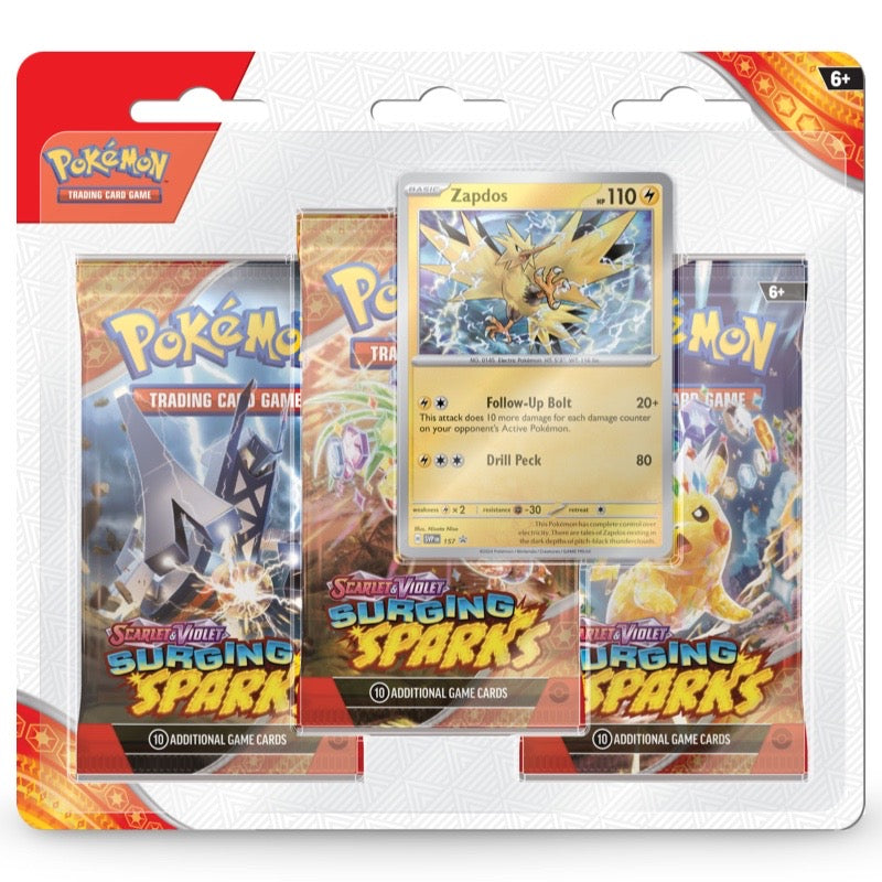Pokemon Surging Sparks 3-Pack Blister Zapdos – 3 Booster Packs mit Zapdos Promo SVP 157