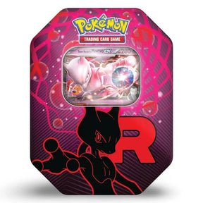 Pokemon Team Rocket Tin Mewtu ex – Nahaufnahme mit Team Rockets Mewtu ex Promo-Karte auf rosa-lila Hintergrund