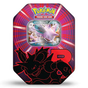 Pokemon Team Rocket Tin Nidoking ex – Nahaufnahme mit Team Rockets Nidoking ex Promo-Karte auf rotem Spiral-Design