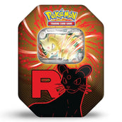 Pokemon Team Rocket Tin Persian ex – Nahaufnahme mit Team Rockets Persian ex Promo-Karte auf gold-rotem Hintergrund