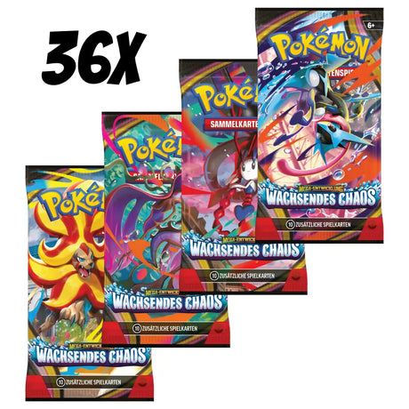 Wachsendes Chaos Display – alle vier Artworks: Mega Greninja ex, Mega Floette ex, Mega Pyroar ex, Mega Dragalge ex