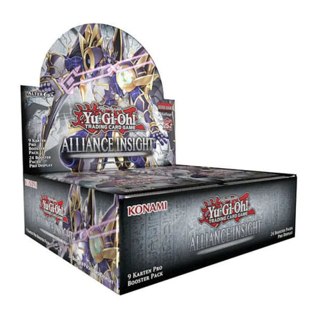 Yu-Gi-Oh! Alliance Insight Booster Display DE – schraege Ansicht des geoeffneten Displays mit herausstehendem Booster, 24 Packs