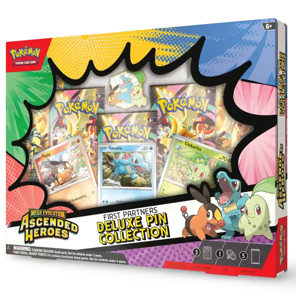 Pokemon Ascended Heroes First Partners Deluxe Pin Collection – Box frontal mit Ascended Heroes Branding