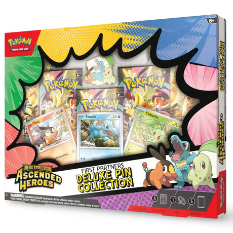 Pokemon Ascended Heroes First Partners Deluxe Pin Collection – Box frontal mit Ascended Heroes Branding