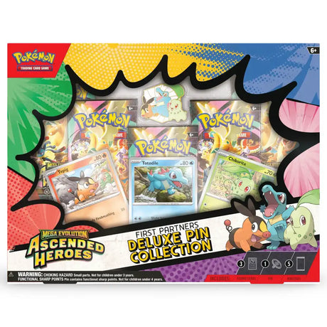 Pokemon Ascended Heroes First Partners Deluxe Pin Collection – Frontansicht mit Tepig, Totodile und Chikorita