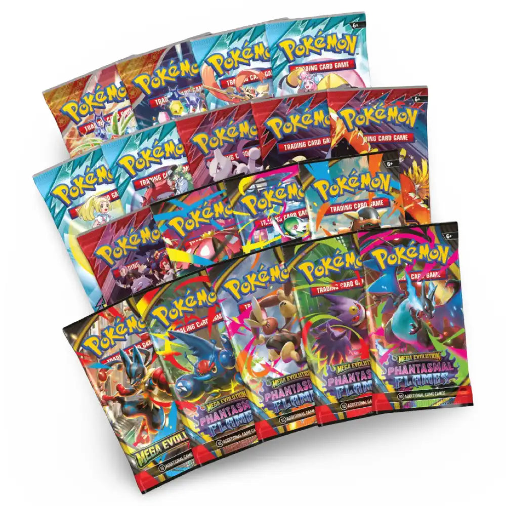 18 Booster Packs aus 5 Sets – Phantasmal Flames, Mega Evolution, Destined Rivals, Journey Together, Surging Sparks