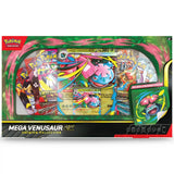 Pokemon Mega Venusaur ex Premium Collection – direkte Frontansicht der Box mit allen sichtbaren Inhalten