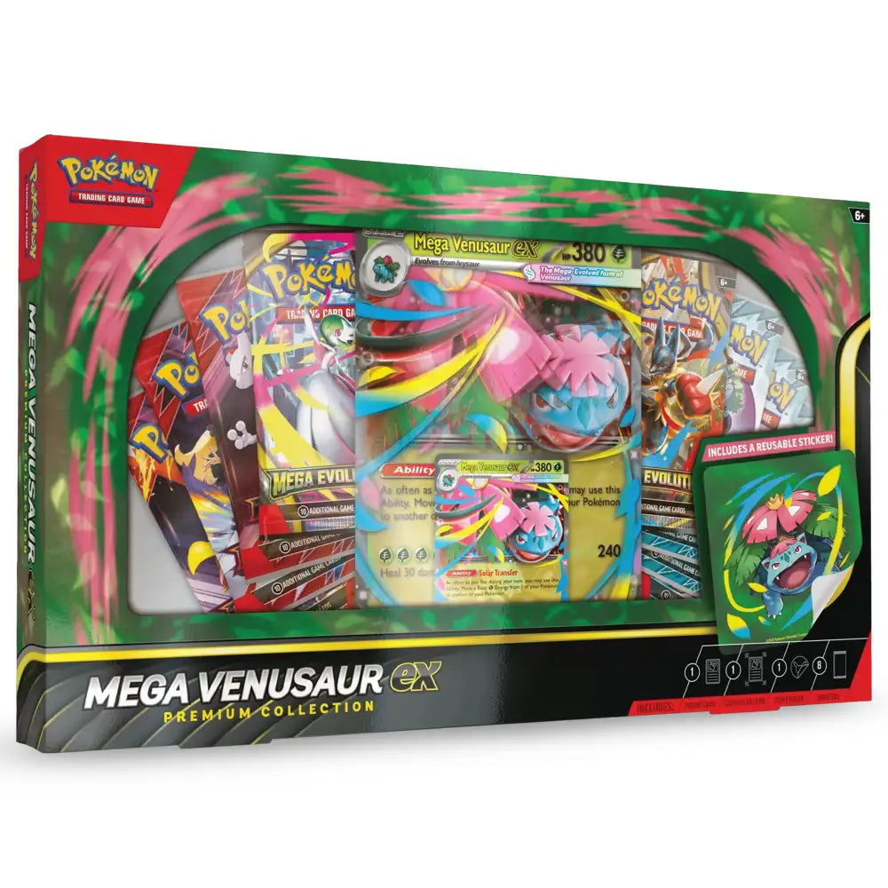 Pokemon Mega Venusaur ex Premium Collection – schraege Frontansicht der Box mit Foil-Promo, Oversize-Karte, Sticker und Boostern