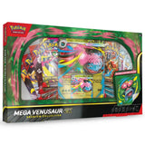 Pokemon Mega Venusaur ex Premium Collection – schraege Frontansicht der Box mit Foil-Promo, Oversize-Karte, Sticker und Boostern