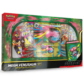 Pokemon Mega Venusaur ex Premium Collection – schraege Frontansicht der Box mit Foil-Promo, Oversize-Karte, Sticker und Boostern