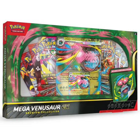 Pokemon Mega Venusaur ex Premium Collection – schraege Frontansicht der Box mit Foil-Promo, Oversize-Karte, Sticker und Boostern