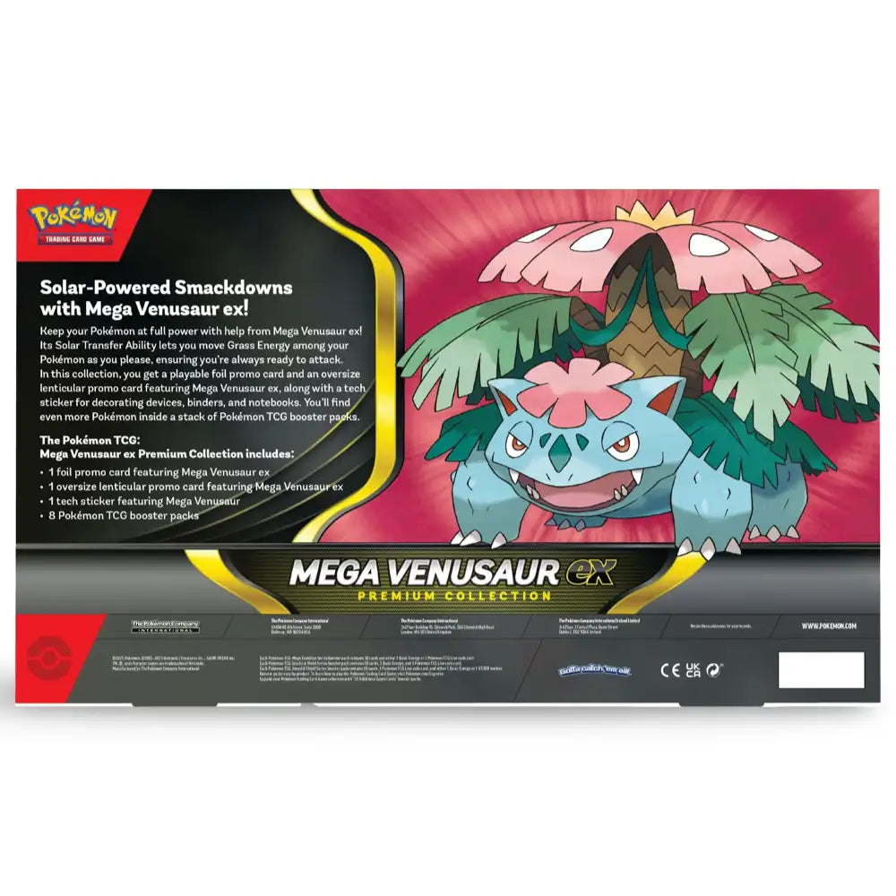 Pokemon Mega Venusaur ex Premium Collection – Rueckseite der Box mit vollstaendiger Inhaltsliste und Solar-Powered Smackdowns Text