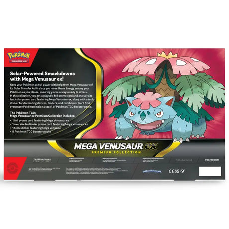 Pokemon Mega Venusaur ex Premium Collection – Rueckseite der Box mit vollstaendiger Inhaltsliste und Solar-Powered Smackdowns Text