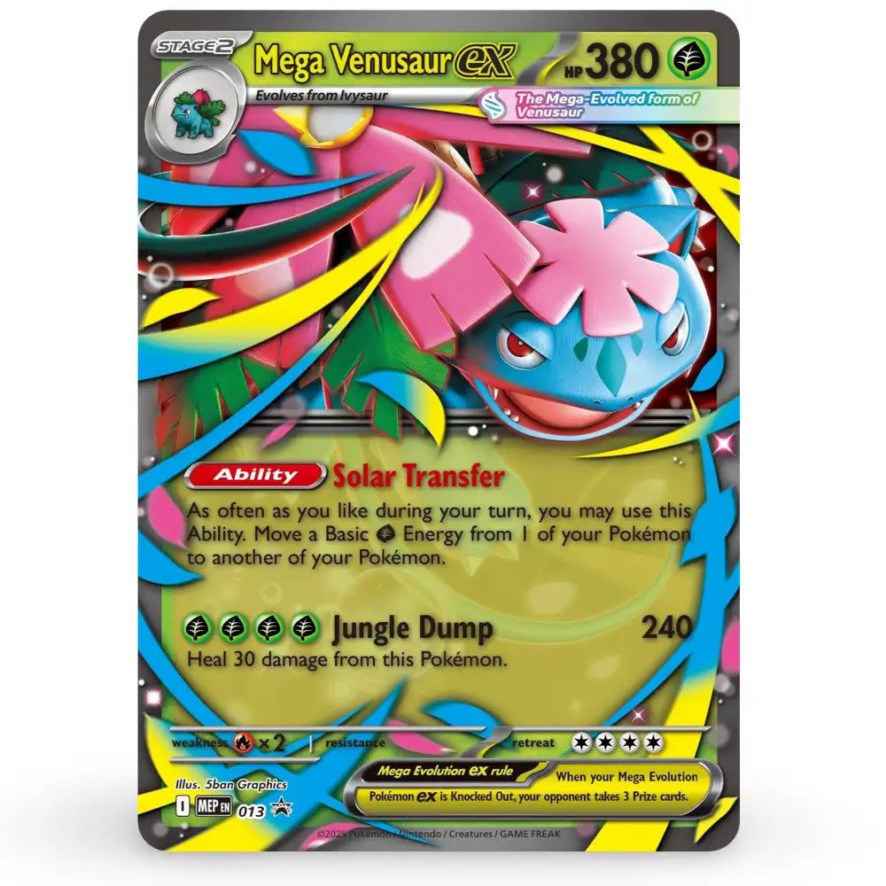 Pokemon Mega Venusaur ex MEP EN 013 – vollstaendige Foil-Promo-Karte, 380 KP, Solar Transfer Ability, Jungle Dump 240