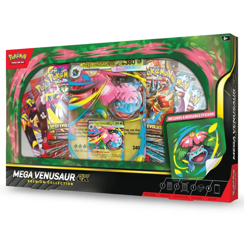 Pokemon Mega Venusaur ex Premium Collection – Frontansicht der gruenen Box mit Mega Evolution Branding von der Seite