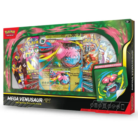 Pokemon Mega Venusaur ex Premium Collection – Frontansicht der gruenen Box mit Mega Evolution Branding von der Seite