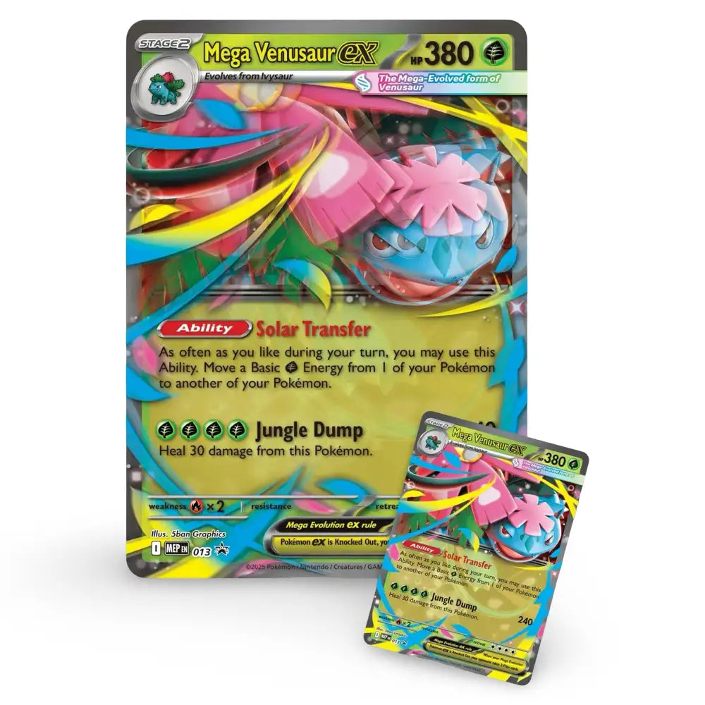 Pokemon Mega Venusaur ex MEP EN 013 – Foil-Promo und Oversize Lenticular-Karte nebeneinander, 380 KP Solar Transfer