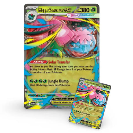 Pokemon Mega Venusaur ex MEP EN 013 – Foil-Promo und Oversize Lenticular-Karte nebeneinander, 380 KP Solar Transfer