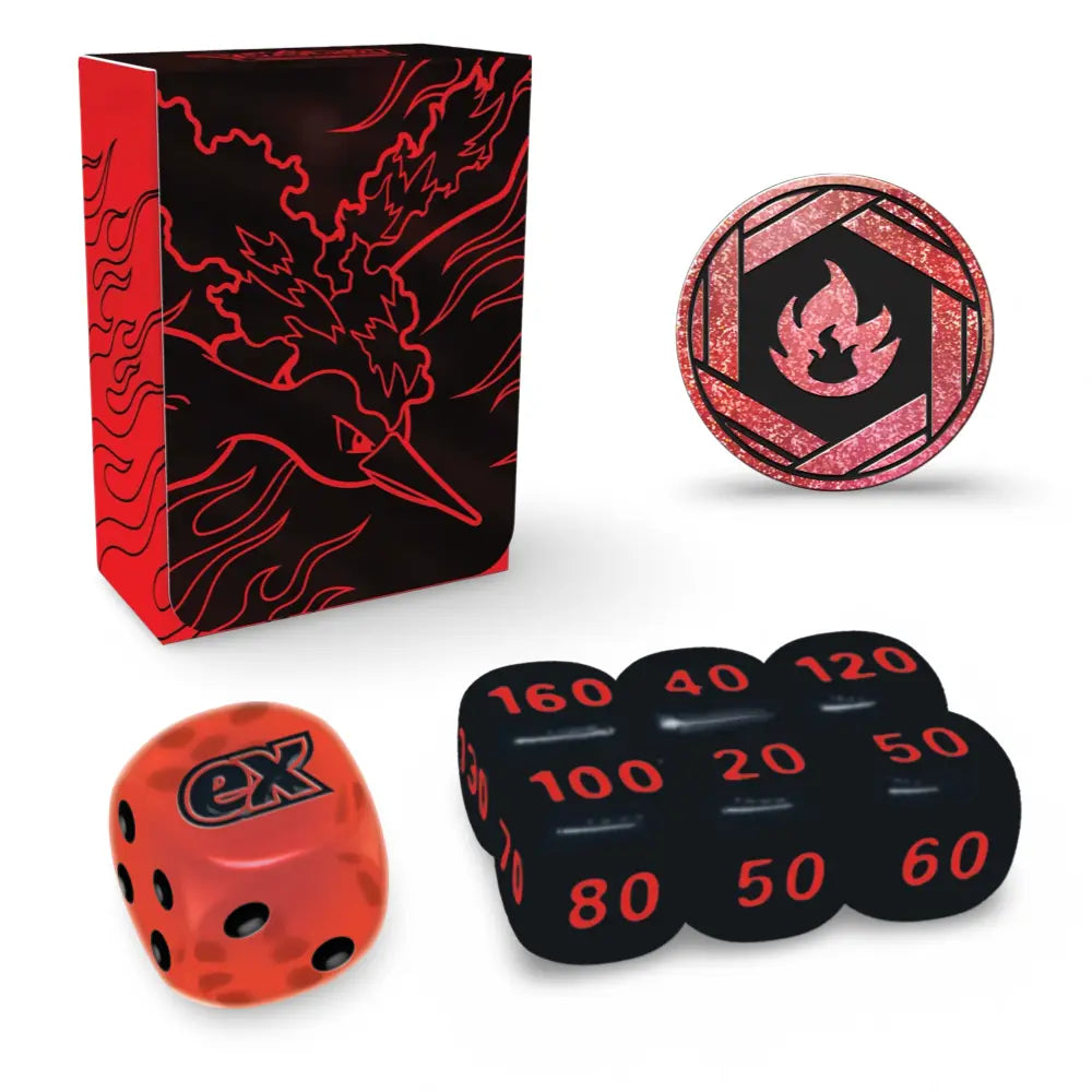 Team Rocket's Moltres ex Zubehör – Deckbox, Metallmünze und Würfel