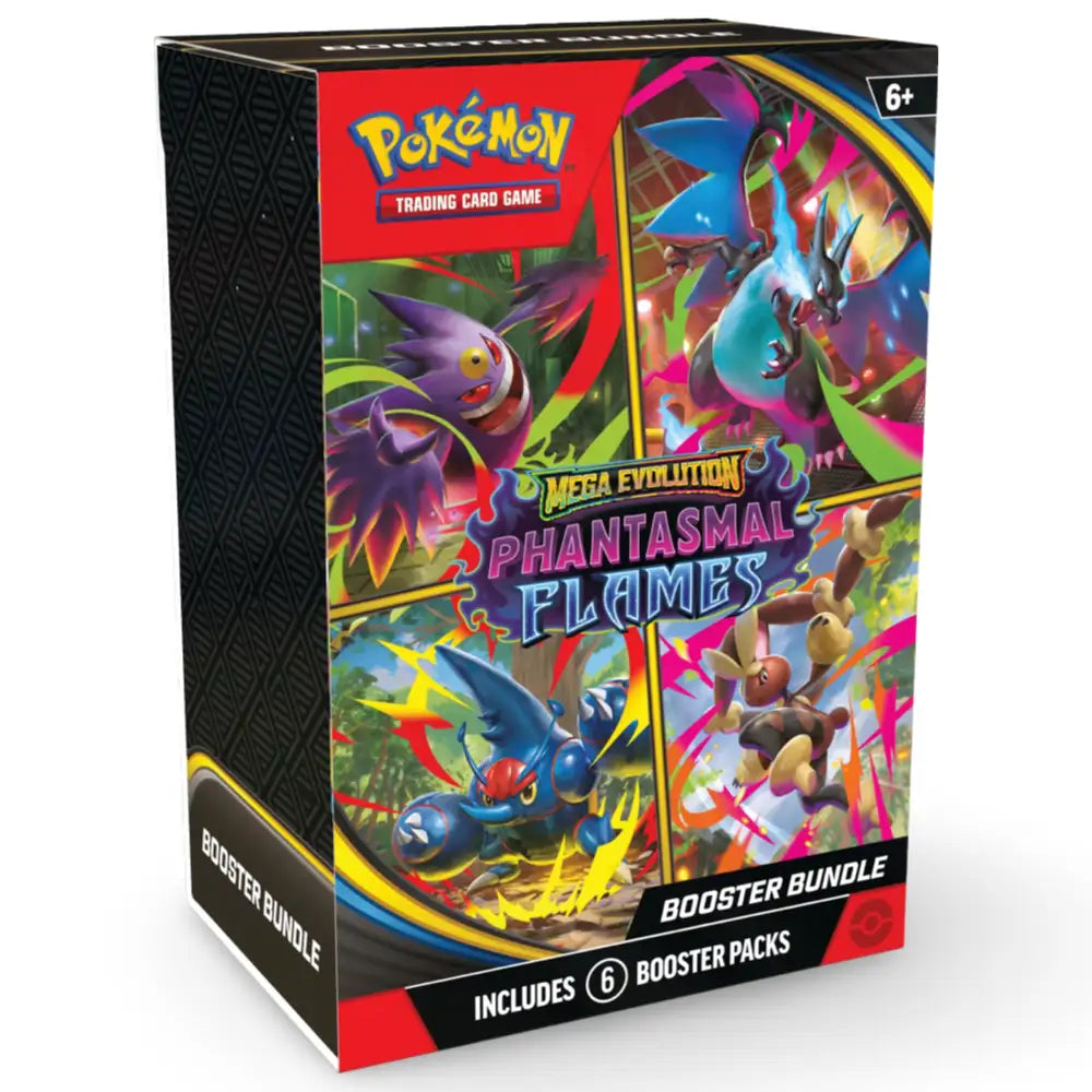 Pokemon Phantasmal Flames Booster Bundle – Mega Glurak X, Mega Gengar, Mega Heracross und Mega Lopunny auf der Box
