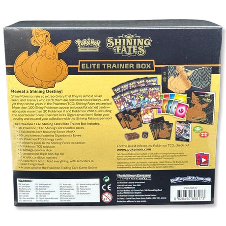 Shining Fates ETB B-Ware Rückseite – vollständige Inhaltsliste bestätigt 10 Booster und Eevee VMAX Promo