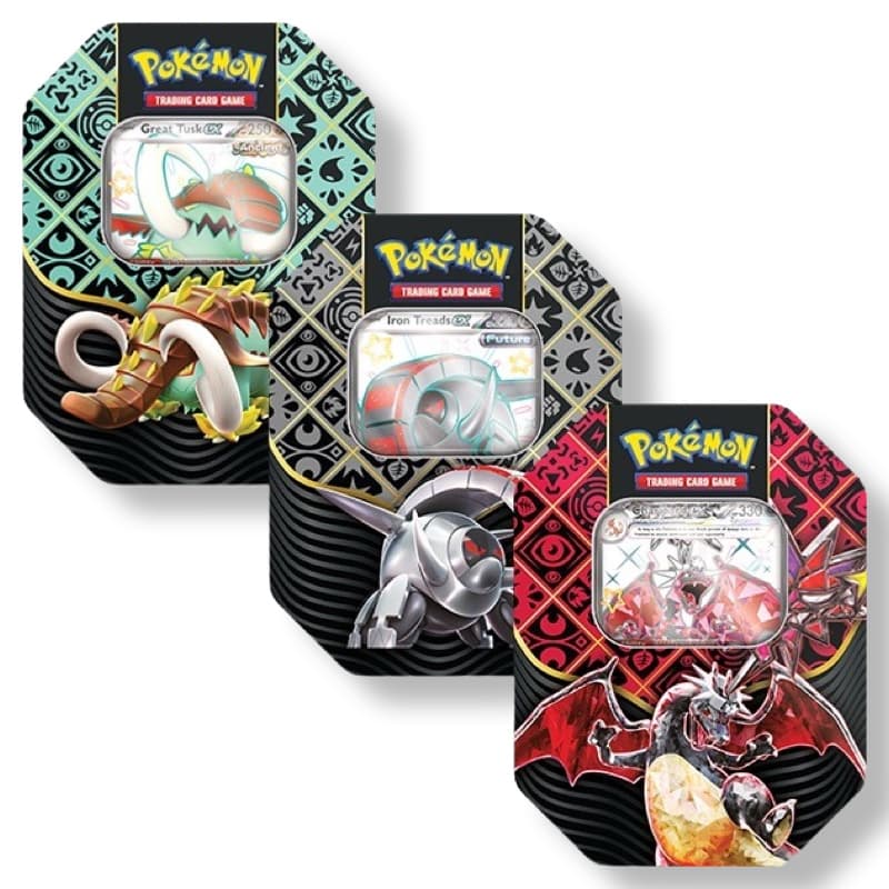 Pokemon Paldean Fates Tin – Alle drei Varianten: Charizard ex, Great Tusk ex und Iron Treads ex Tins nebeneinander