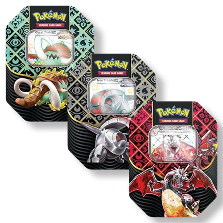 Pokemon Paldean Fates Tin – Alle drei Varianten: Charizard ex, Great Tusk ex und Iron Treads ex Tins nebeneinander