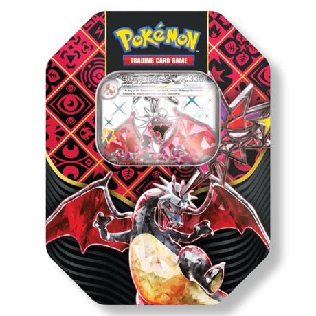 Pokemon Paldean Fates Tin – Charizard ex Variante, rot-schwarzes Design mit Shiny Charizard ex Promo-Karte 330 HP Tera