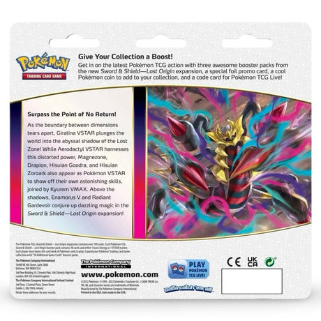 Pokemon Lost Origin 3-Pack Blister Rueckseite – Giratina VSTAR Artwork mit Chase-Hits und Set-Beschreibung