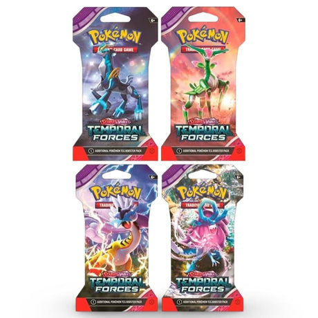 Alle 4 Artworks des Pokemon Temporal Forces Sleeved Boosters – Walking Wake, Raging Bolt, Gouging Fire und Iron Leaves