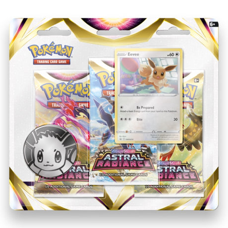 Pokemon Astral Radiance 3-Pack Blister Evoli – Nahaufnahme mit Evoli-Promo-Karte und Evoli-Münze