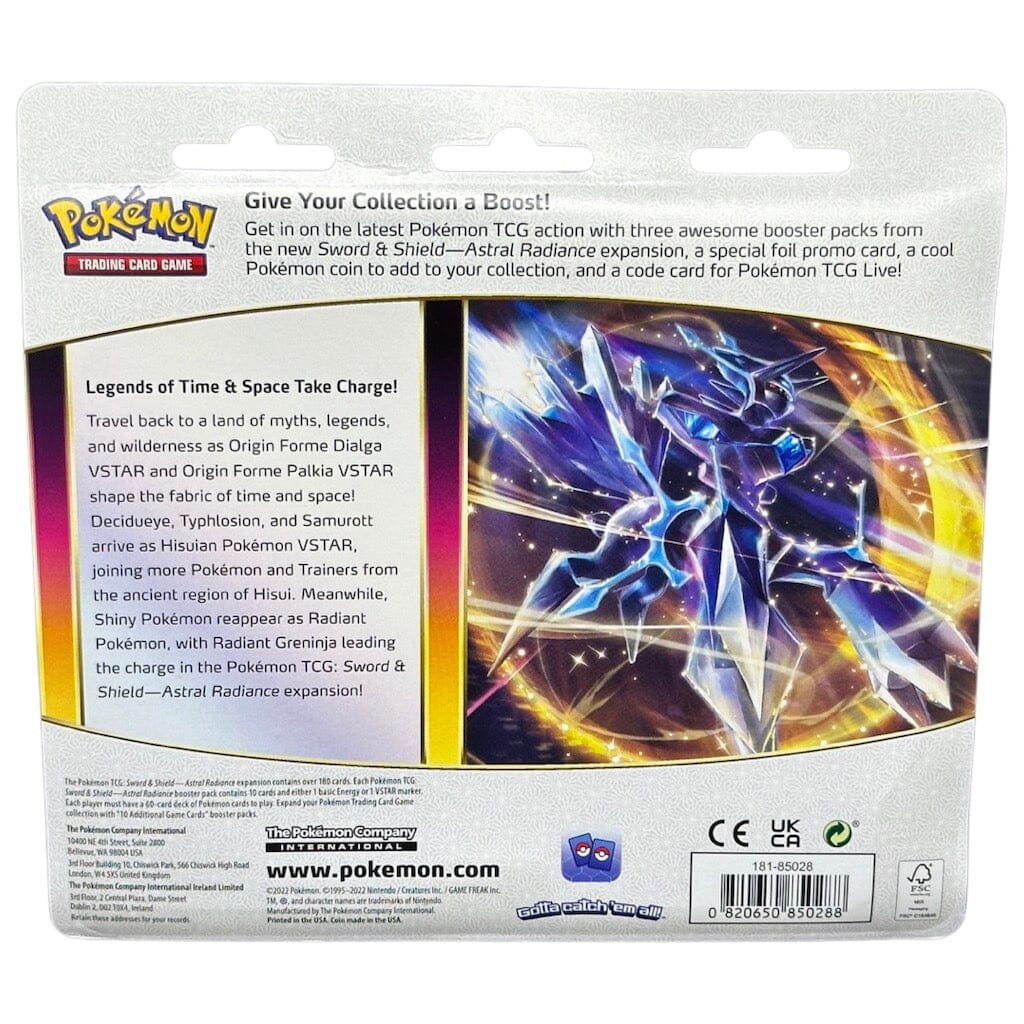 Pokemon Astral Radiance 3-Pack Blister Rückseite mit Dialga-Artwork und Set-Beschreibung
