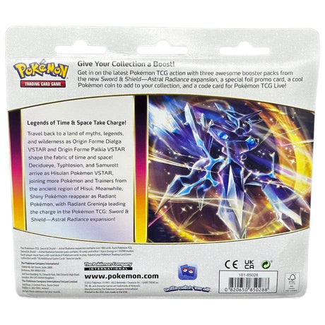 Pokemon Astral Radiance 3-Pack Blister Rückseite mit Dialga-Artwork und Set-Beschreibung